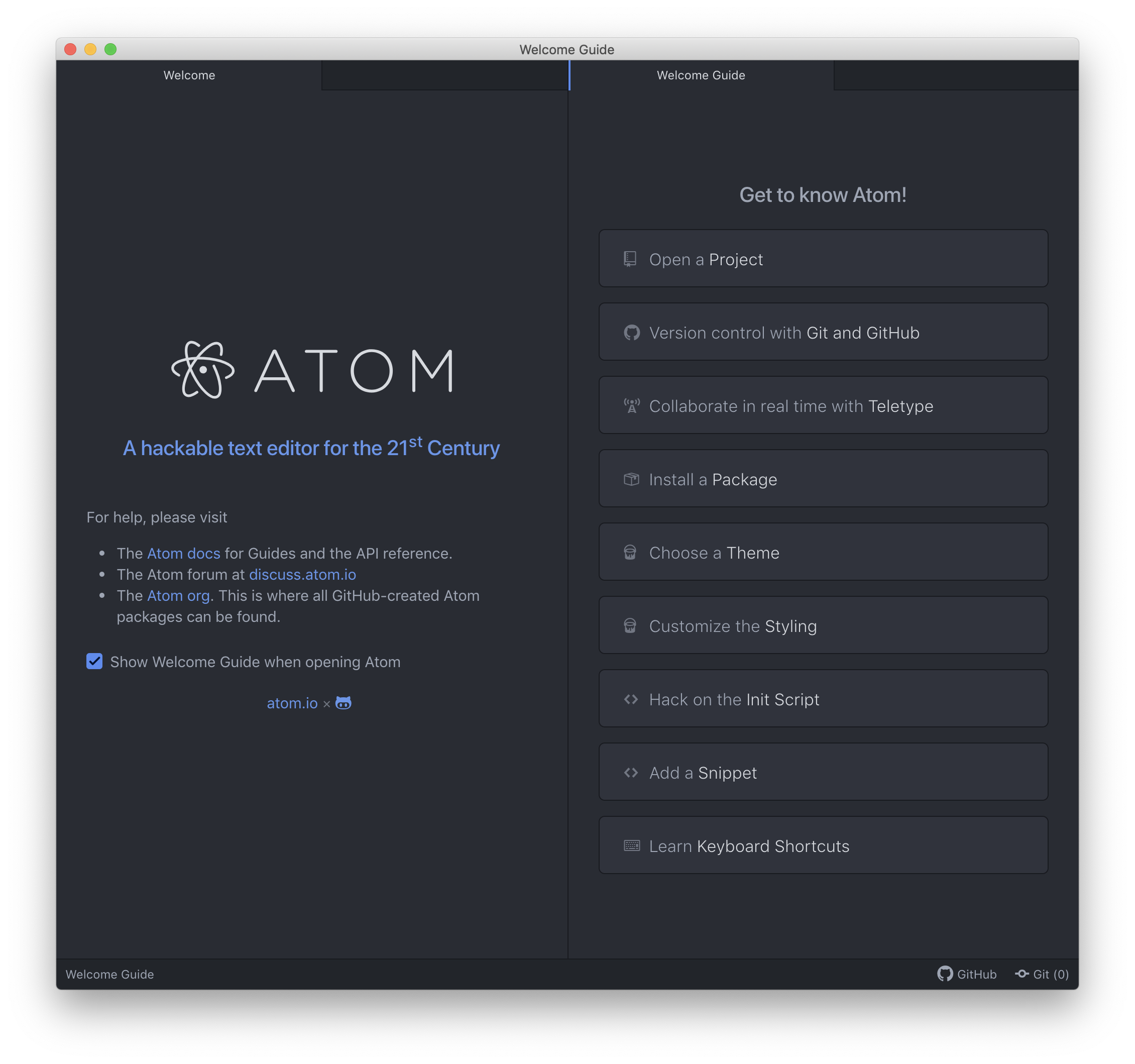 Atom welcome screen